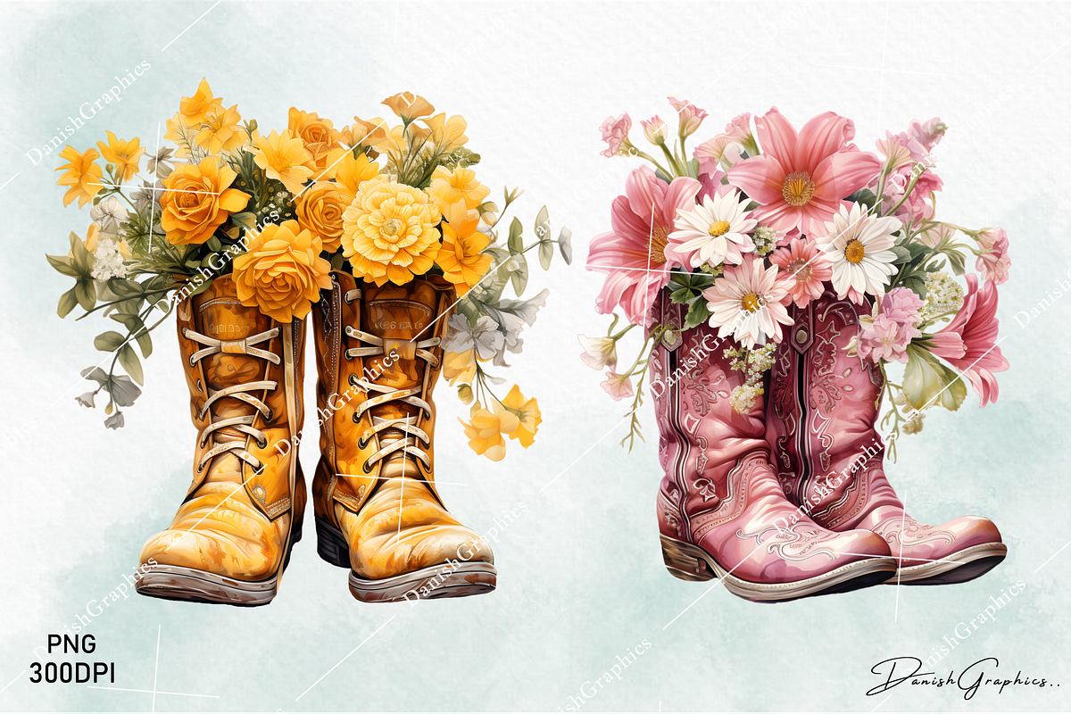 Western Floral Cowboy Boots Clipart, a Decorative Illustration by danishgraphics (Photo 2 of 6)