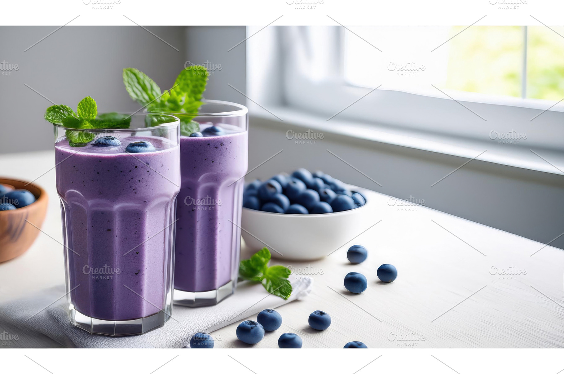 Two purple blueberry smoothies with, a Food & Drink Photo by Igor Tichonow
