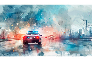 Police Car on Motorway Watercolor, a Transportation Illustration by LadadikArt