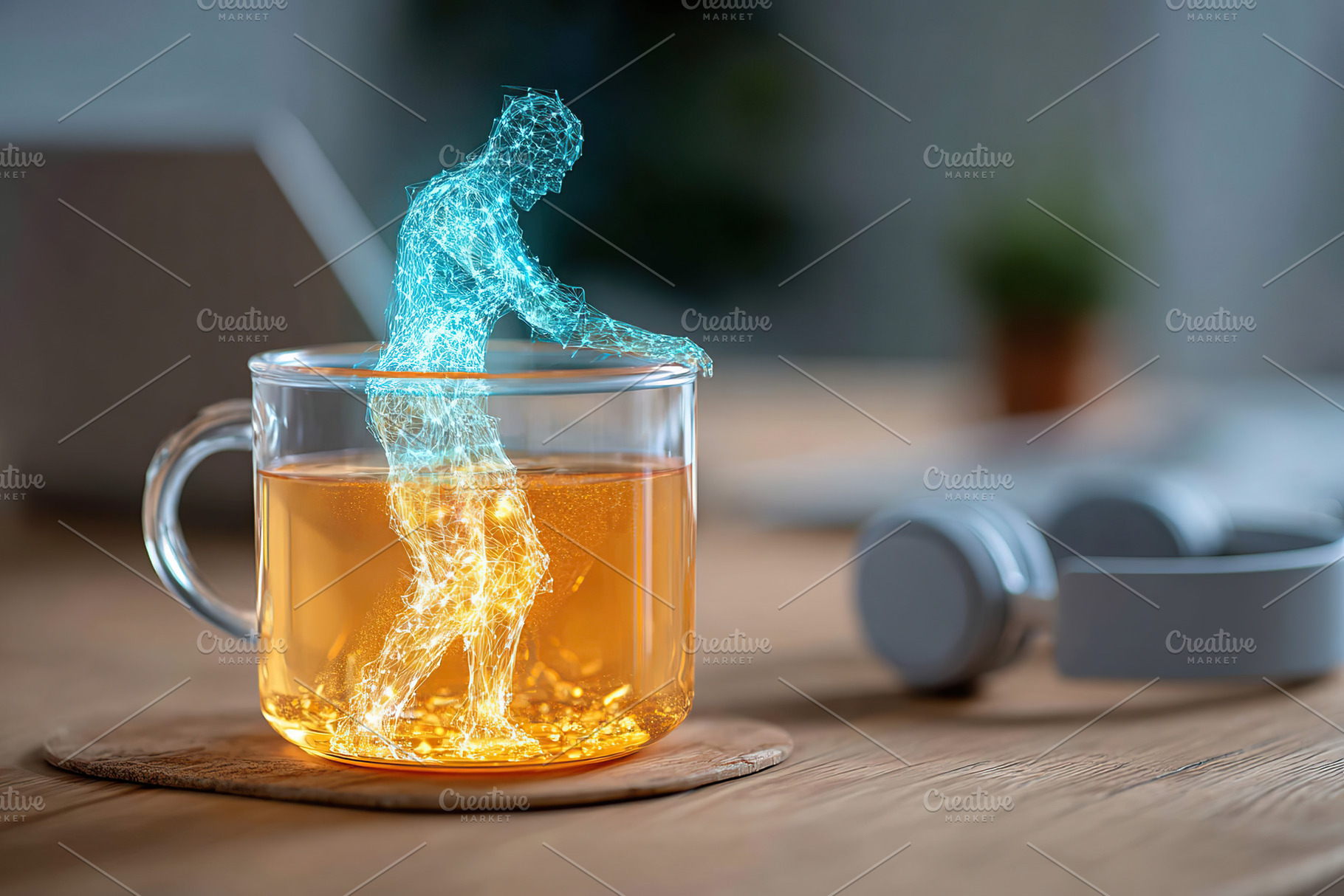 Office workspace features AI assistant hologram interacting with a warm beverag, a Food & Drink Photo by AlyaAnd