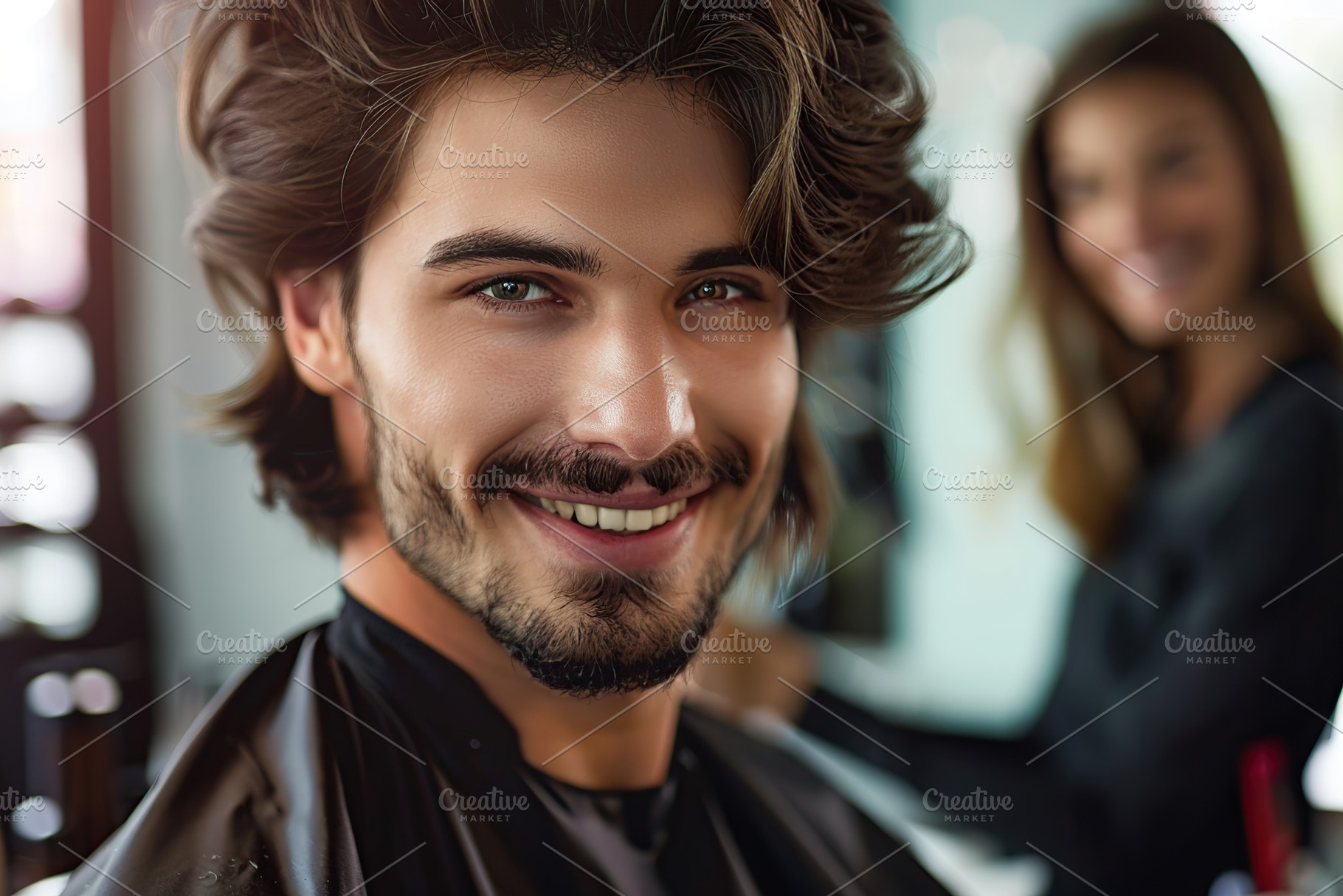 Hairdresser making hairstyle for young man in beauty hair salon, a Photo by AlyaAnd