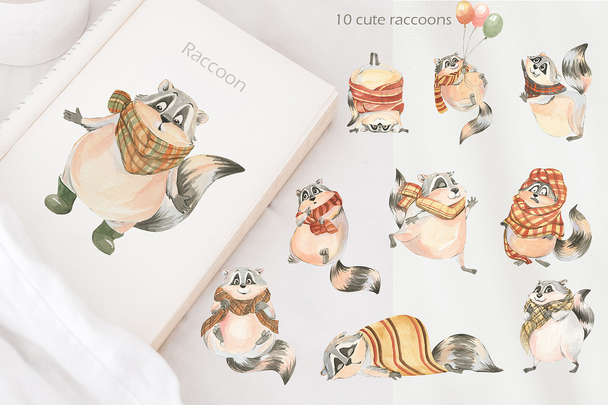 Cute autumn raccoons, an Illustration by Love Watercolor Store (Photo 2 of 11)