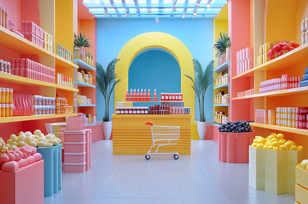Stylized grocery store with colorful, a Background Photo by Pixeness