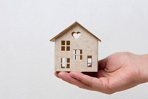 A person holding a small wooden house model on their palm agains, a Business Photo by ndanko