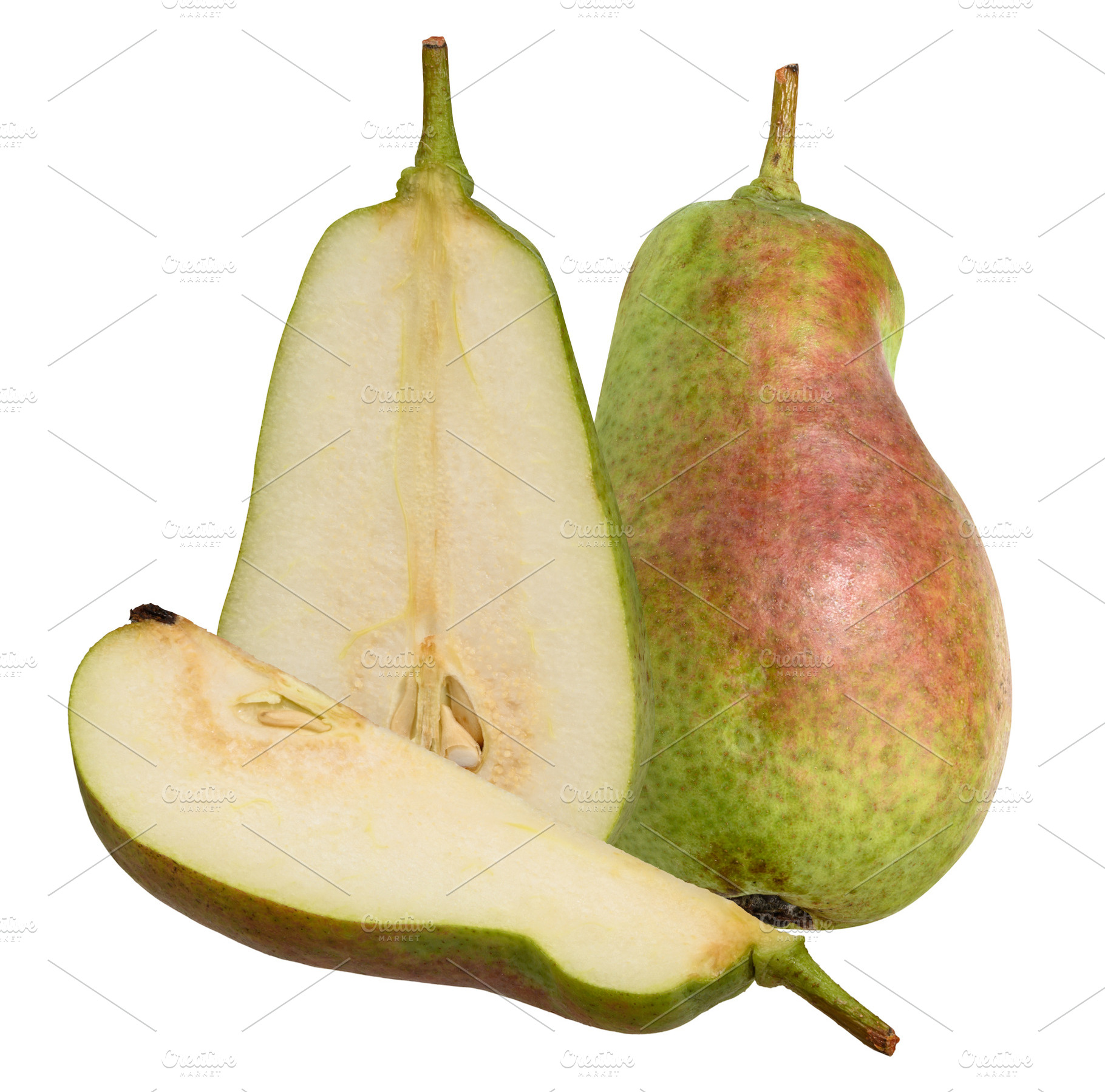 Ripe green pear with red side and stem, isolated background, a Food & Drink Photo by ndanko