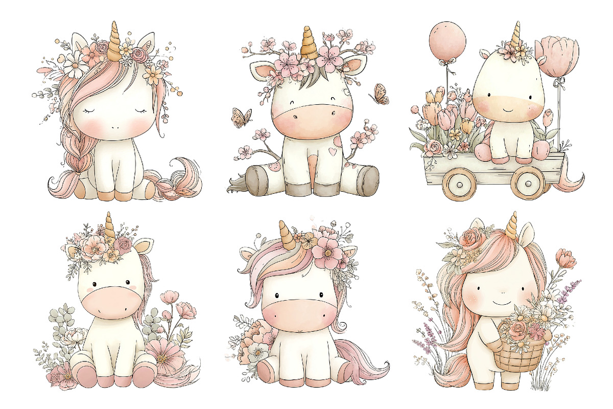 Cute Unicorn Floral Clipart, an Animal Illustration by Creative Art (Photo 2 of 7)