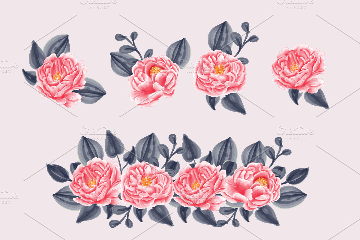 peonies watercolor set collection, an Object Graphic by Mariyana (Photo 2 of 4)