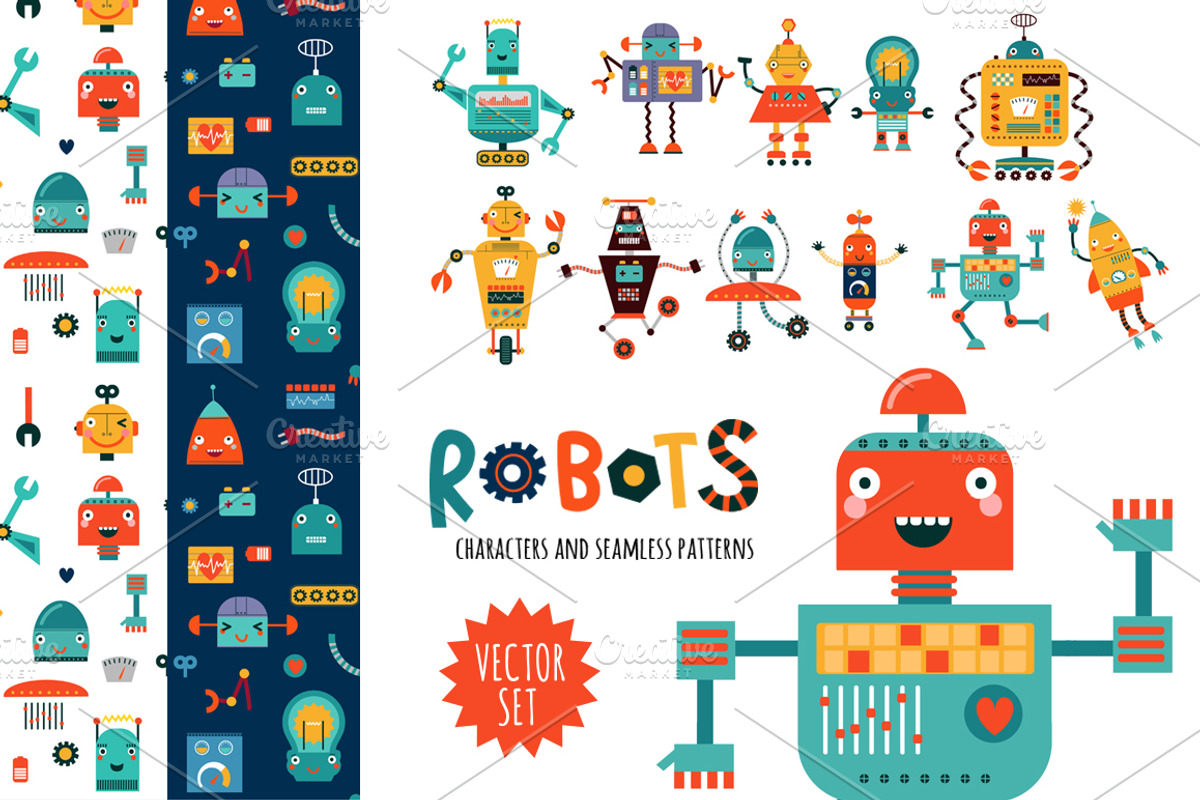 ROBOTS. Characters and patterns, a Technology Illustration by Anna Guz's Store (Photo 1 of 3)
