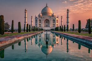 Taj Mahal Sunrise Reflection India, a Photo by Pixeness Studio