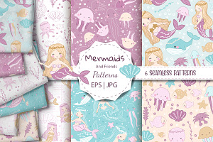 Cute Mermaids Seamless Patterns Set