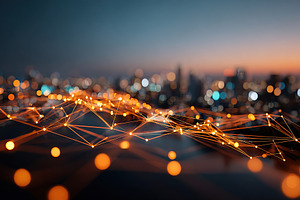 Network visualized as floating web above urban skyline at dusk, a Photo by AlyaAnd