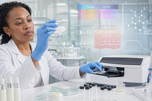 Scientist analyzing sunscreen effect, a Photo by Dvoevnore photos