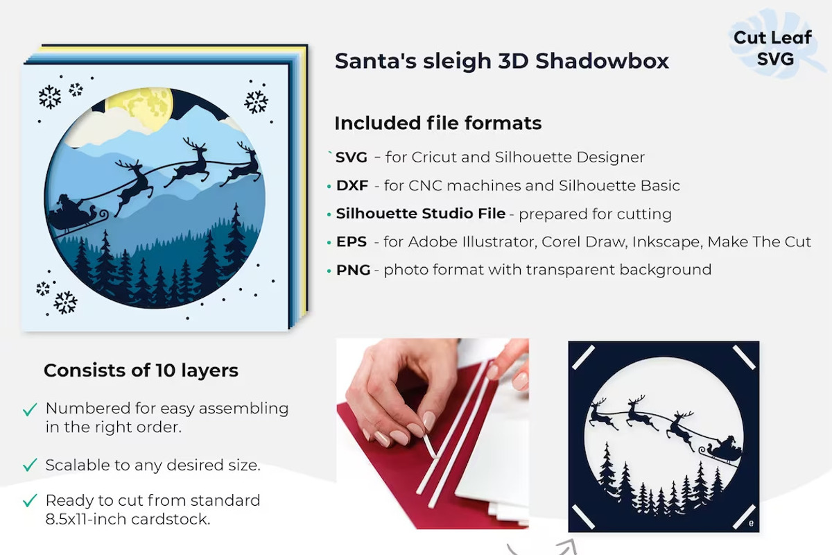 Santa Sleigh SVG 3d Shadow box, a Seasonal Illustration by CutLeafSvg (Photo 4 of 6)