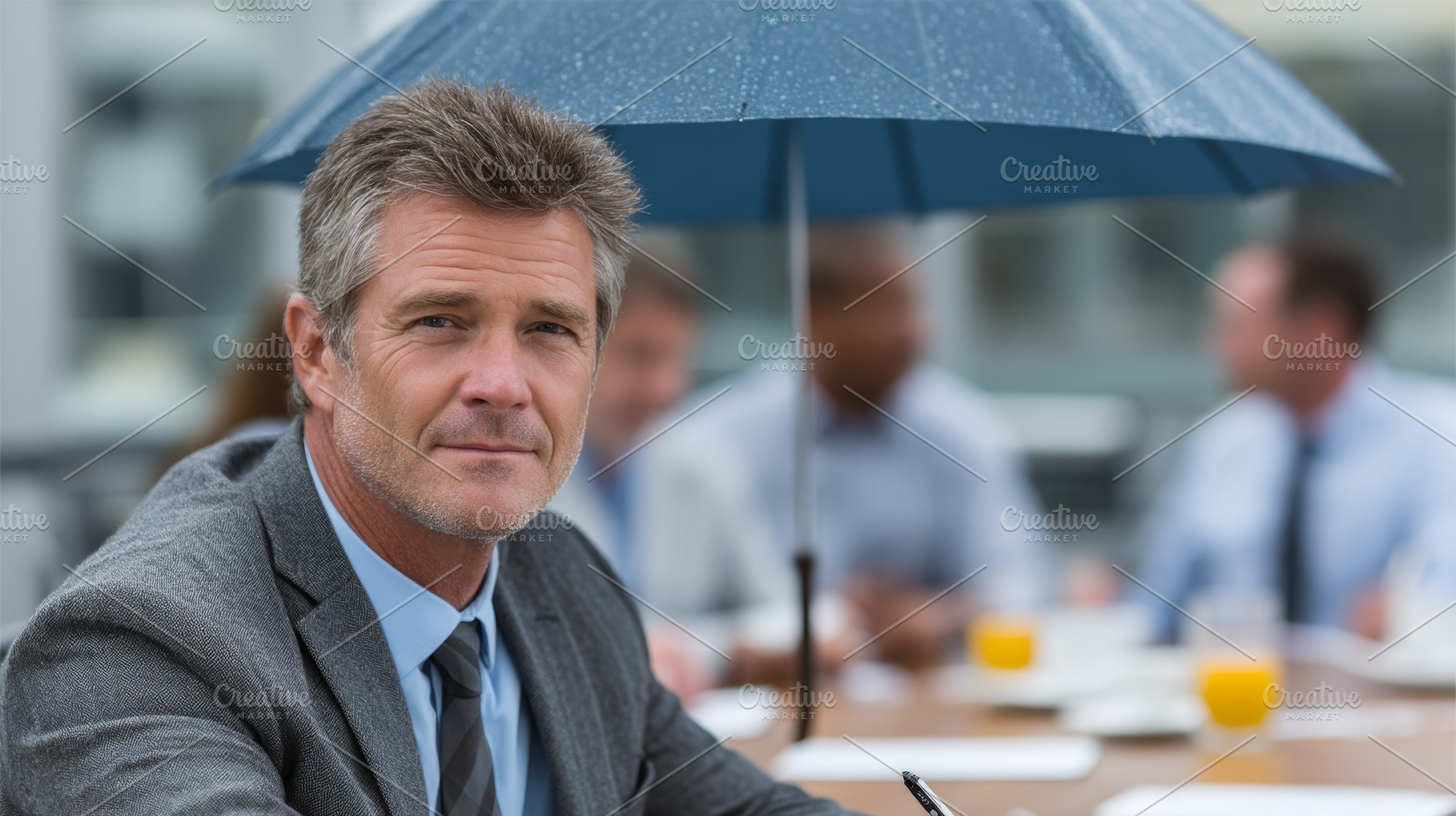 Professional businessman during a team discussion under rainy conditions outdoo, a Photo by AS photostudio