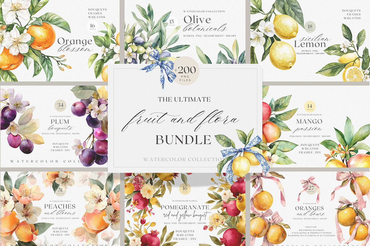 BUNDLE Watercolor Fruit and Flora, a Decorative Illustration by ThaismotaCreativeCo (Photo 1 of 14)