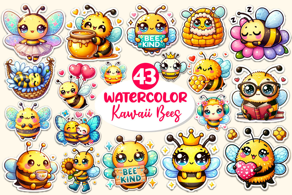 Kawaii Cute Bee Stickers Bundle, an Illustration by Dream Creation (Photo 1 of 5)