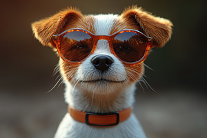 Playful dog wearing stylish sunglass, a Photo by Tanuart