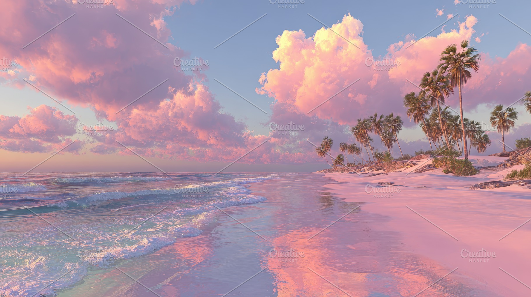 Pink sunset tropical beach palm tree, a Photo by Pixeness Studio