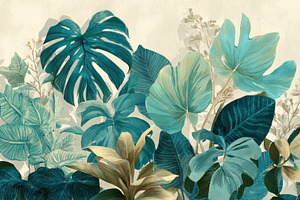 Teal and Beige Tropical Leaves Botan, a Photo by Pixeness Studio