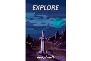 Retro future poster, space Rocket, an Illustration by Vector_Up