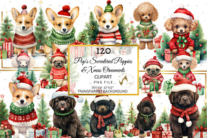 120 Watercolor Christmas Dog Clipart