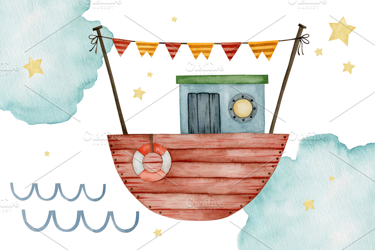 Watercolor Boat seamless patterns., a Decorative Illustration by Kira Konoshenko (Photo 8 of 16)