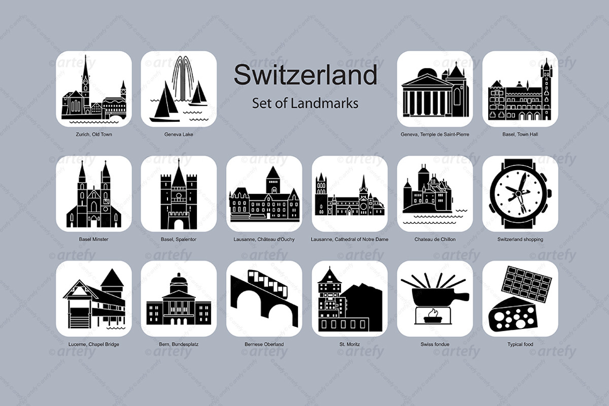 Swiss landmark icons (16x), an Icon by Artefy's Graphic Bar (Photo 2 of 2)
