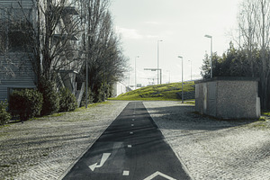 Bike lane with markings, city view, a Transportation Photo by SkyNext