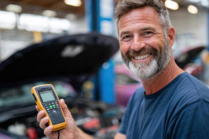 Smiling mechanic using car scanner in garage, an Industrial Photo by AlyaAnd