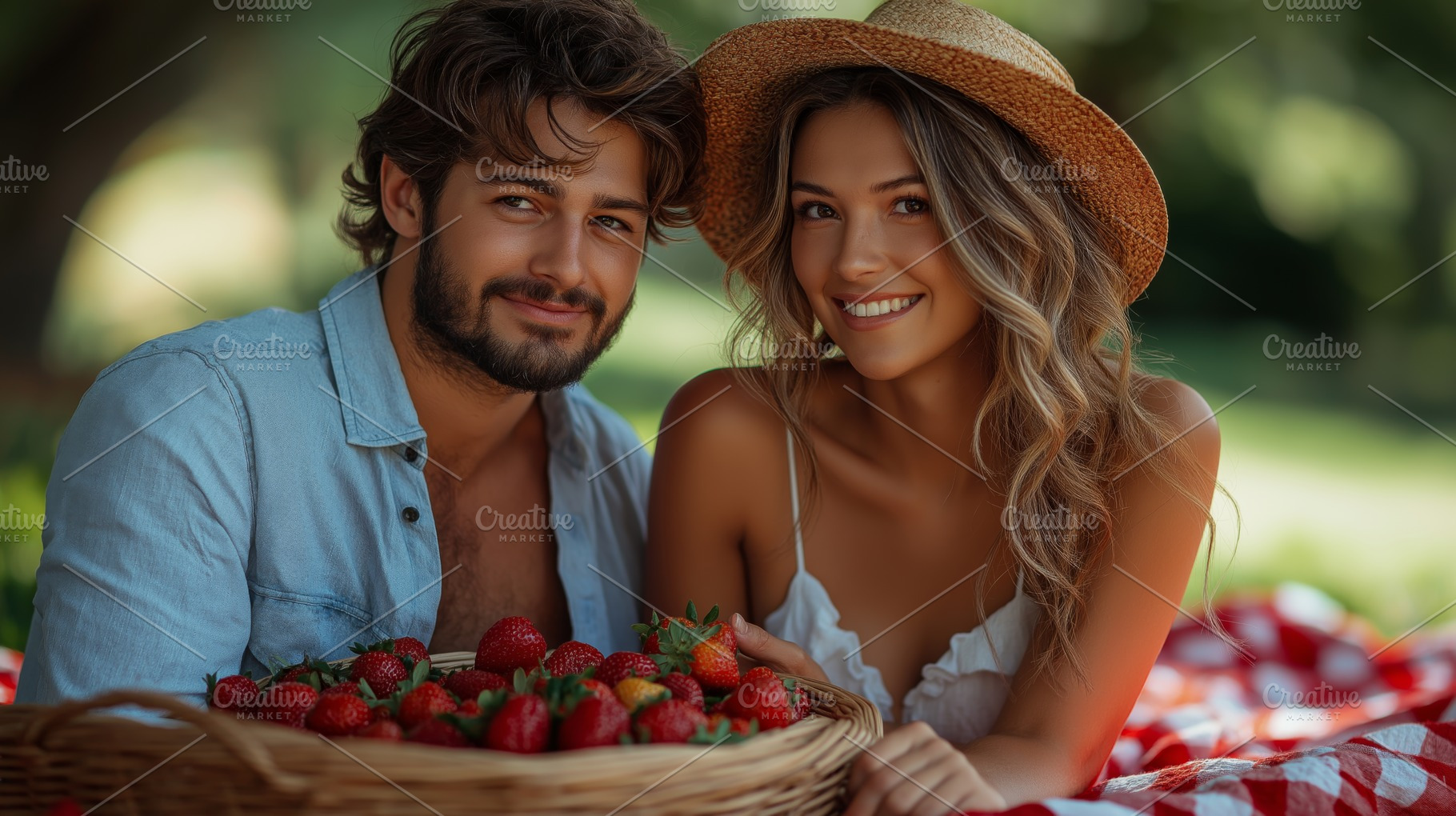 A young couple, a man and woman, joyfully holding a basket of fresh strawberrie, a Person Photo by ImageMir