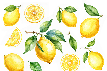 Set Of Lemons In Watercolor Style, a Graphic by Black White Mouse Design