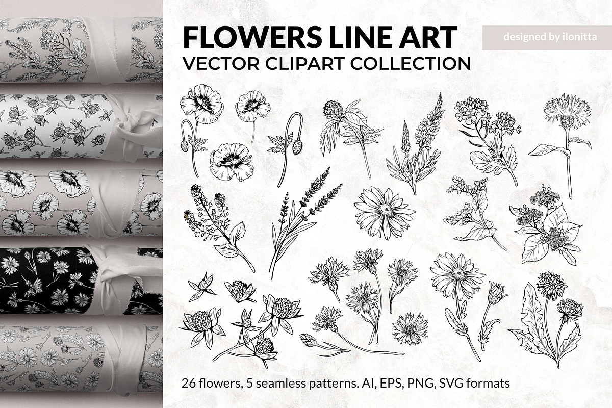 Flowers Line Art. Floral Clipart, a Decorative Illustration by ilonitta (Photo 1 of 11)