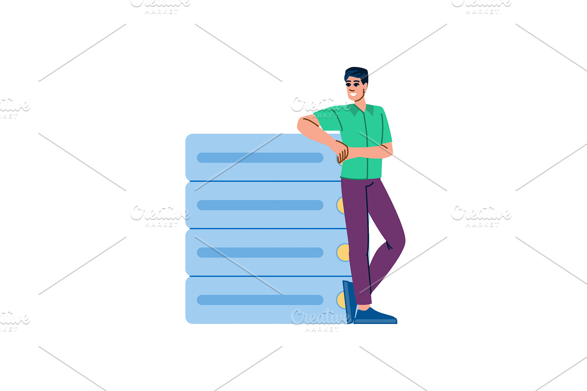 Programmer leaning on server rack, a Technology Illustration by pikepicture