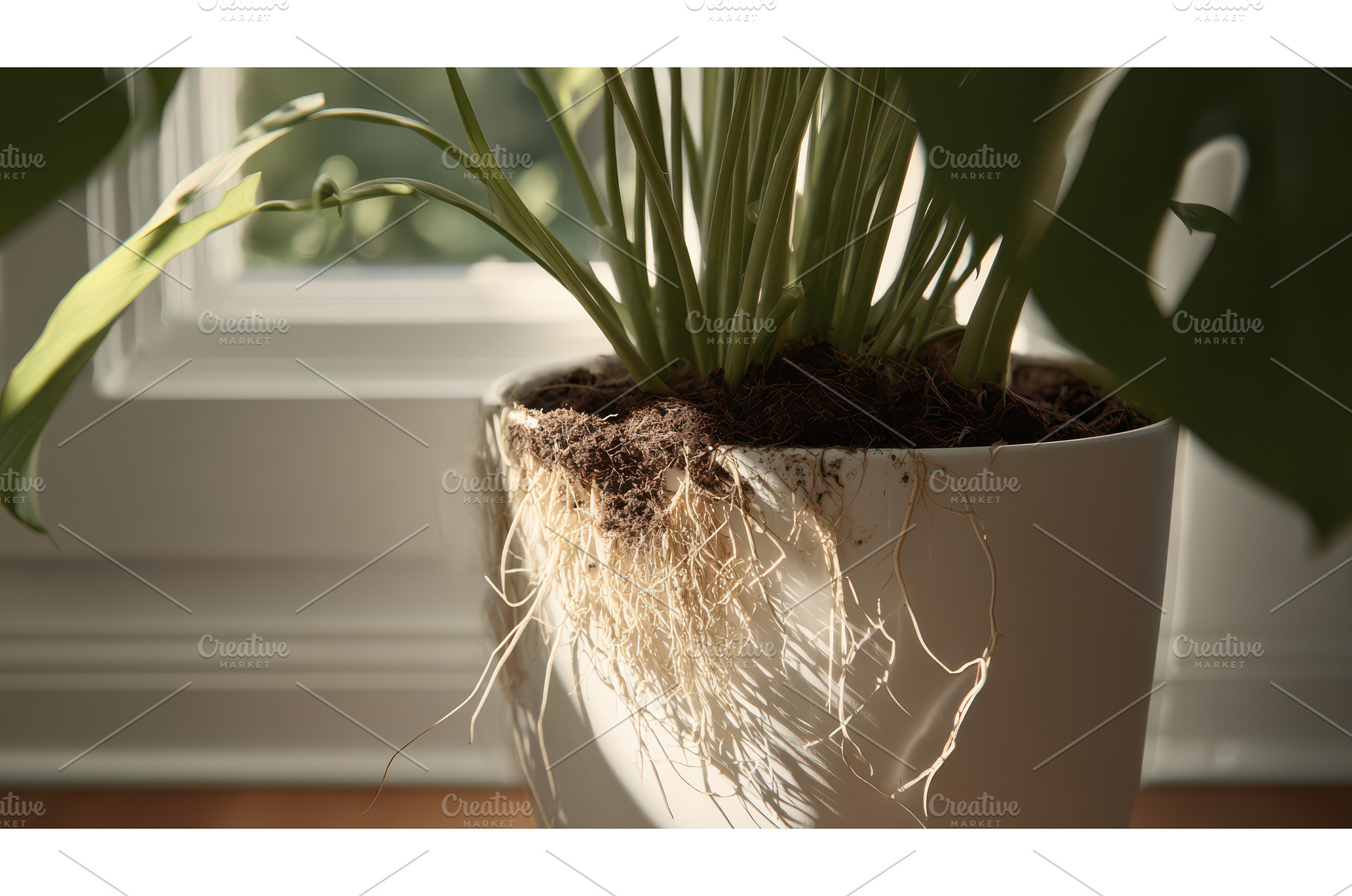 Sunlit Monstera Plant in White Pot, a Nature Photo by Lermont51