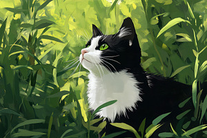 Tuxedo cat exploring a vibrant garde, a Photo by Iftikhar Alam