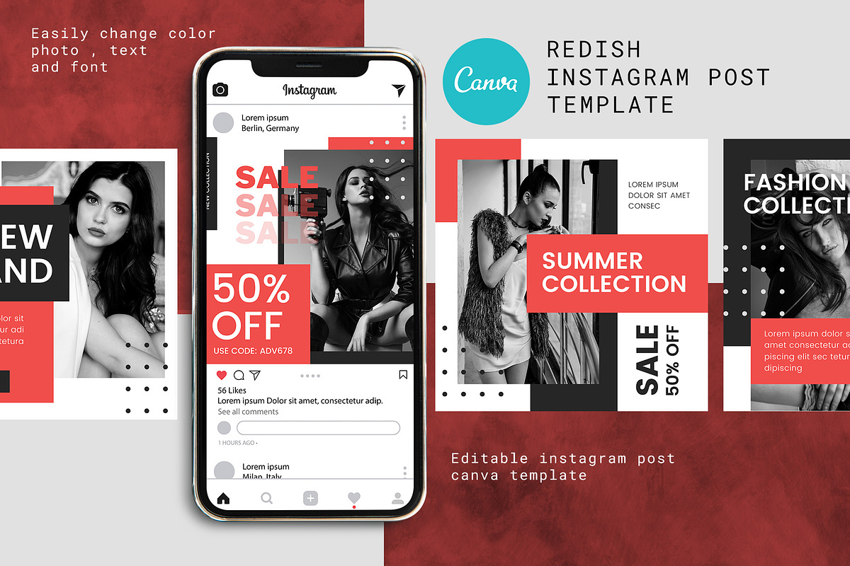Canva Instagram Post Template Redish, a Social Media Template by Lythcreative (Photo 1 of 5)
