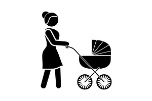 Woman With A Baby Stroller Icon.