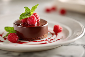 Decadent chocolate mousse cake with raspberries, a Food & Drink Photo by AlyaAnd