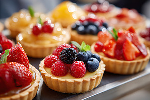 Delicious fruit tarts topped with fresh berries and custard at a dessert displa, a Food & Drink Photo by AlyaAnd