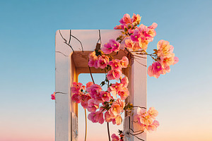 Phone booth overflowing with vibrant flowers against a clear sky at sunset, a Photo by AlyaAnd