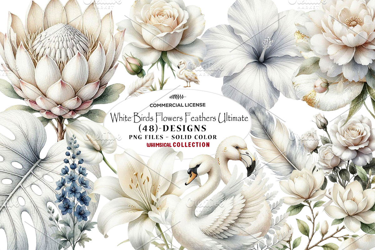 White Birds Flowers Feathers, a Seasonal Illustration by CreationArt (Photo 1 of 7)