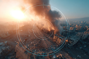 Smoke rises over devastated cityscape at sunset after recent conflict in urban, a Background Photo by AlyaAnd