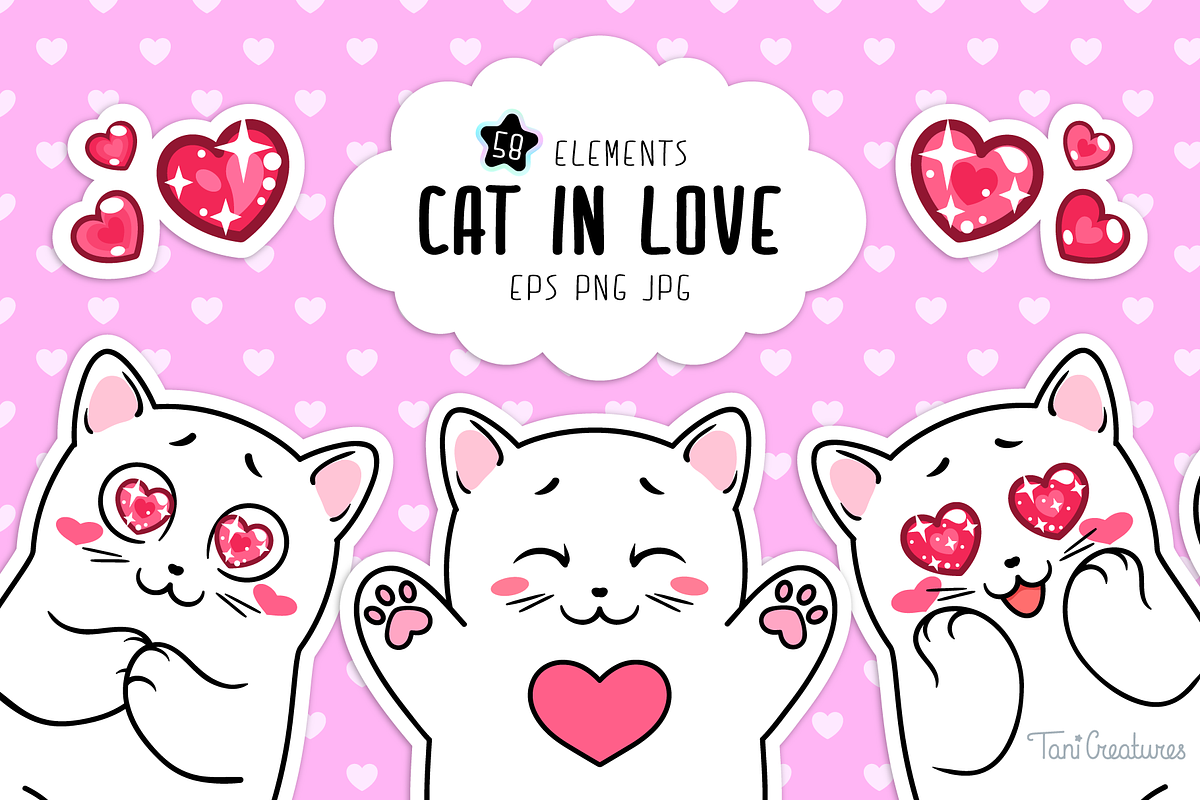 Cat in Love | Clipart & Patterns, an Animal Illustration by TaniCreatures (Photo 1 of 9)