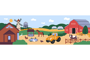 Farm buildings landscape. Panoramic