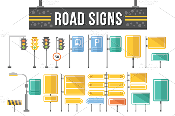 Flat Road Signs Set