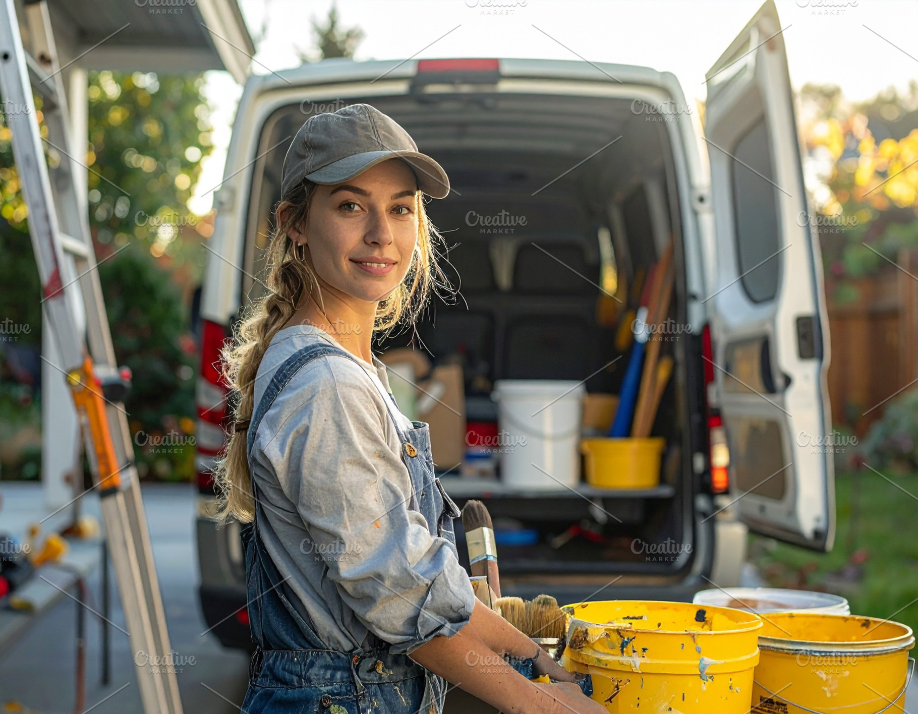 Painter loading paints and accessories into the work van before, a Person Photo by DanFLCreativo