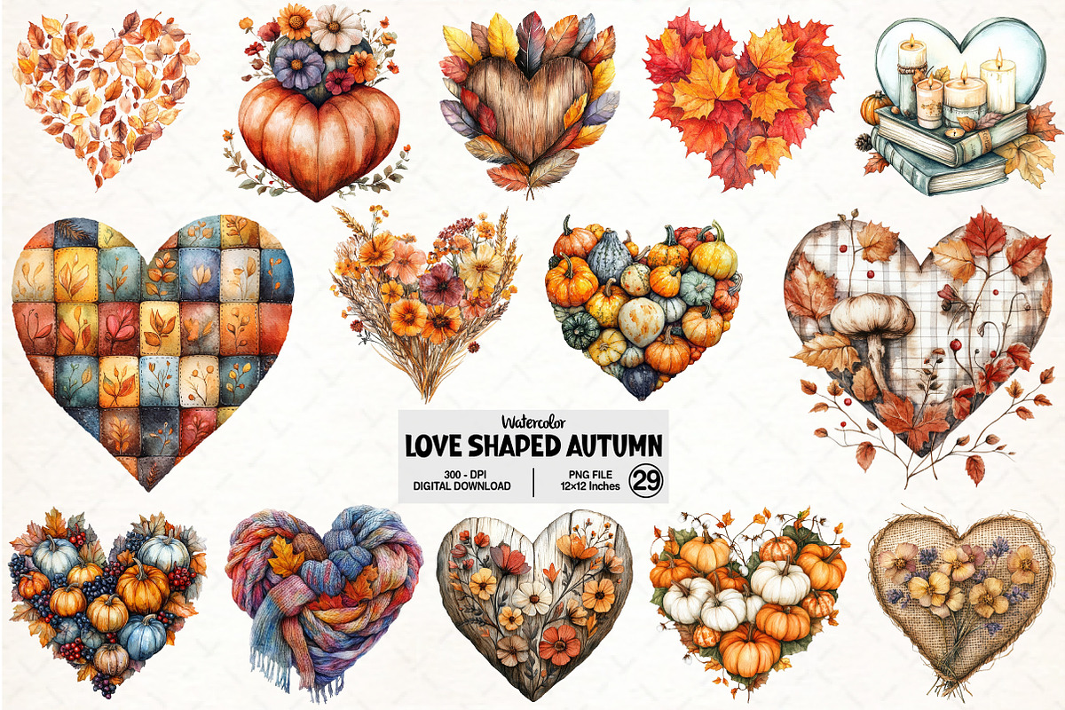 Love Shaped Autumn Clipart Bundle, an Illustration by Pixels.Craft (Photo 1 of 7)