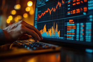 Financial analyst reviewing stock ma, a Photo by Tanuart