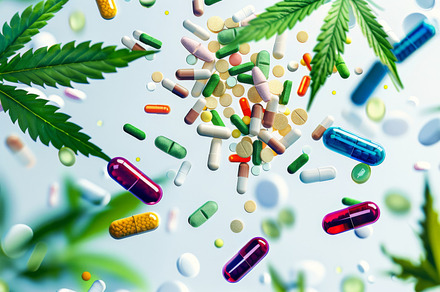 Colorful pills and cannabis leaves scattered on white background, a Photo by Dvoevnore photos
