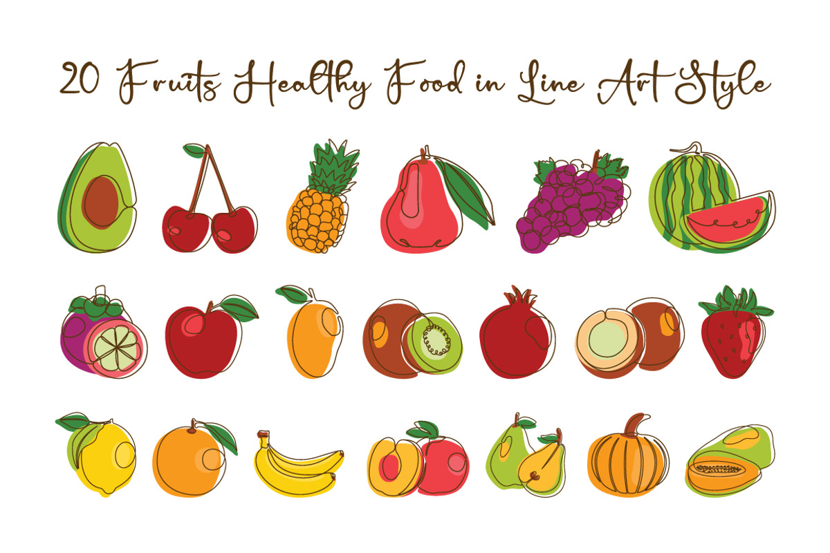 20 Fruits Healthy Food in Line Art, a Food Illustration by jongcreative (Photo 1 of 5)